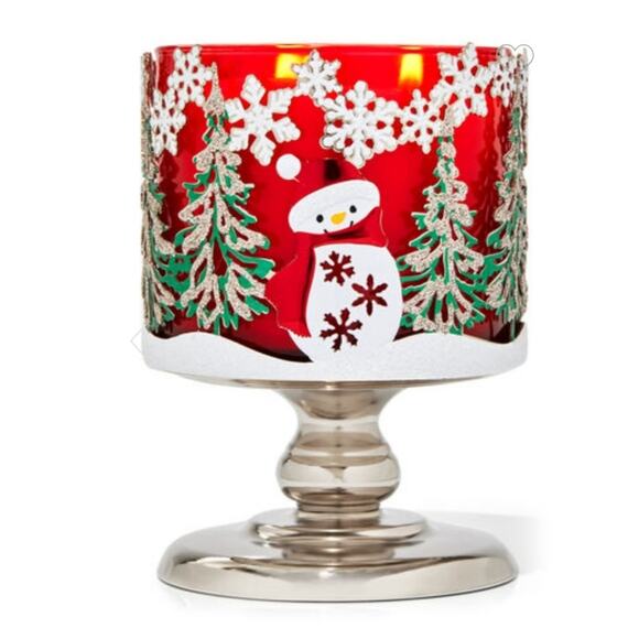 SNOWMAN HOLIDAY WINTER SCENE PEDESTAL 3-WICK CANDLE HOLDER BY BATH & BODY WORKS - Picture 2 of 2
